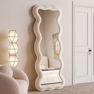 BOJOY Full Length Mirror 63"x24", Irregular Wavy Mirror, Wave Floor Mirror, Wall Mirror Standing Hanging or Leaning Against Wall for Bedroom, Flannel Wrapped Wooden Frame Mirror-White