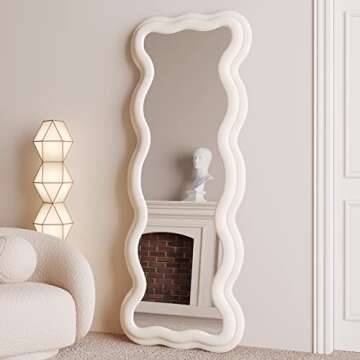 BOJOY Full Length Mirror 63"x24", Irregular Wavy Mirror, Wave Floor Mirror, Wall Mirror Standing Hanging or Leaning Against Wall for Bedroom, Flannel Wrapped Wooden Frame Mirror-White