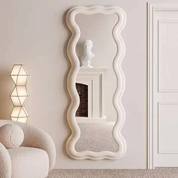 BOJOY Full Length Mirror 63"x24", Irregular Wavy Mirror, Wave Floor Mirror, Wall Mirror Standing Hanging or Leaning Against Wall for Bedroom, Flannel Wrapped Wooden Frame Mirror-White