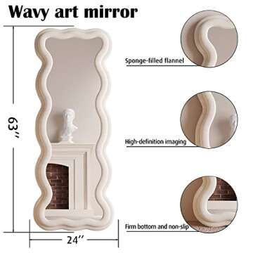 BOJOY Full Length Mirror 63"x24", Irregular Wavy Mirror, Wave Floor Mirror, Wall Mirror Standing Hanging or Leaning Against Wall for Bedroom, Flannel Wrapped Wooden Frame Mirror-White