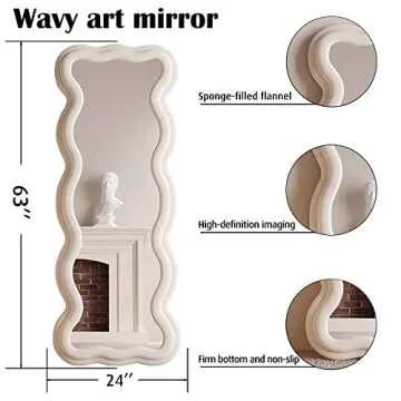 BOJOY Full Length Mirror 63"x24", Irregular Wavy Mirror, Wave Floor Mirror, Wall Mirror Standing Hanging or Leaning Against Wall for Bedroom, Flannel Wrapped Wooden Frame Mirror-White