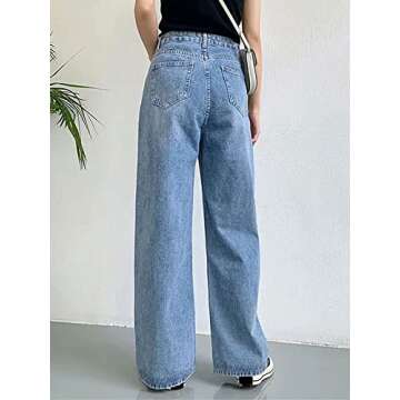 HDLTE Women Wide Leg Jeans Junior High Waist Baggy Jeans Loose Boyfriends Jeans Blue Washed