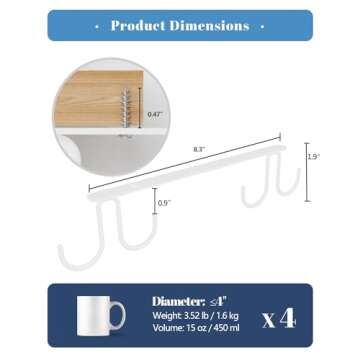 Luckinow Mug Hooks Under Cabinet 3 Pack, Coffee Cup Hooks for Hanging Under Shelf, Mug Organizer Rack with 12 Hooks for Displaying Mugs, Coffee Cups and Kitchen Utensils, White