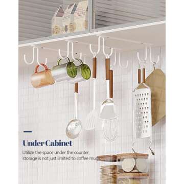 Luckinow Mug Hooks Under Cabinet 3 Pack, Coffee Cup Hooks for Hanging Under Shelf, Mug Organizer Rack with 12 Hooks for Displaying Mugs, Coffee Cups and Kitchen Utensils, White