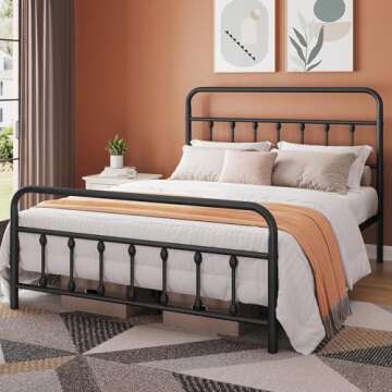 Topeakmart Queen Size Victorian Style Metal Bed Frame with Headboard/Mattress Foundation/No Box Spring Needed/Under Bed Storage/Strong Slat Support Black