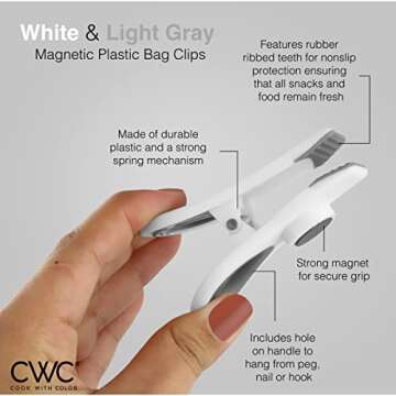 COOK WITH COLOR Bag Clips with Magnet- Food Clips, Chip Clips, Bag Clips for Food Storage with Airtight Seal Grip for Bread Bags, Snack Bags and Food Bags (White, Pack of 10)