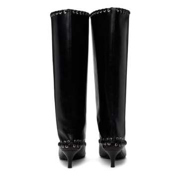 Goolita Women's Pointed Toe Metal Eyelets Knee High Boots Kitten Heel Lace Up Bow Slip on Wide Calf Tall Boots