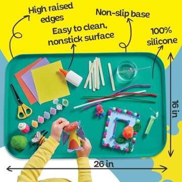 Just Messin' Silicone Art Mat for Crafts, Legos, Slime, Resin, Paint & Jewelry-Making, Table Protection w Raised Sides to Contain Mess, Non-Slip Heat Resistant, 16”x26” Mat with high .6" Edge, Green