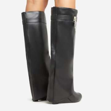 Kluolandi Fold Over Wedge Boots for Women Wide Calf Padlock Knee High Boots Fashion Over The Knee Pull On Boots Black Size 9.5