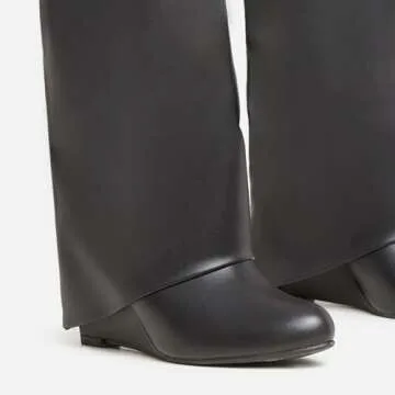 Kluolandi Fold Over Wedge Boots for Women Wide Calf Padlock Knee High Boots Fashion Over The Knee Pull On Boots Black Size 9.5