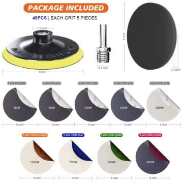 TOOVEM 49PCS 5 Inch Wet Dry Sanding Discs Kit with Hook and Loop Backing Pad, Angle Grinder Attachme...