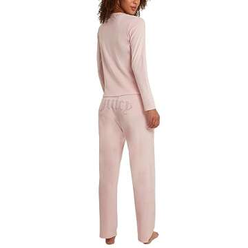 Juicy Couture Women's 2 Piece Velvet Fleece Long Sleeve Top and Pants Lounge Sleepwear Set (US, Alpha, Large, Regular, Regular, Powder Pink)