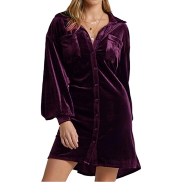 Melliflo Womens Fashion Velvet Dress Long Sleeve Button Down Mini Shirt Dress with Belt Work Office ...