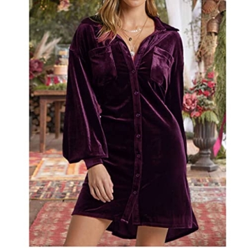 Melliflo Womens Fashion Velvet Dress Long Sleeve Button Down Mini Shirt Dress with Belt Work Office Fall Outfits Purple