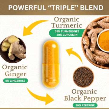 Organic Turmeric Curcumin Capsules - Includes Organic Ginger and Black Pepper Extracts | Certified Organic by USDA | 100% Natural Herbal Supplement | 60 Pills