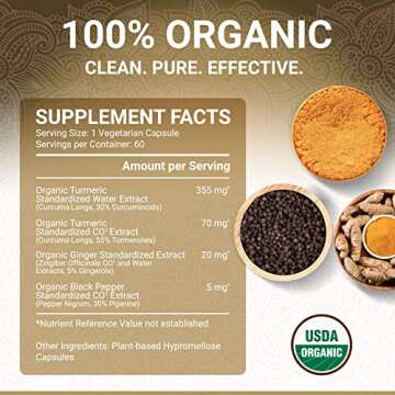 Organic Turmeric Curcumin Capsules - Includes Organic Ginger and Black Pepper Extracts | Certified Organic by USDA | 100% Natural Herbal Supplement | 60 Pills