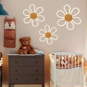 Barydat 6 Pcs Boho Nursery Decor Daisy Flower Woven Macrame Wall Hanging 3 Size Daisy Flower Wall Decor Bohemian Nursery Decorations for Home Kids Dorm Art(White)