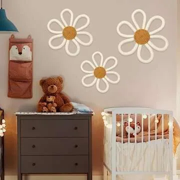 Barydat 6 Pcs Boho Nursery Decor Daisy Flower Woven Macrame Wall Hanging 3 Size Daisy Flower Wall Decor Bohemian Nursery Decorations for Home Kids Dorm Art(White)