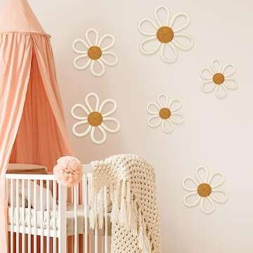 Barydat 6 Pcs Boho Nursery Decor Daisy Flower Woven Macrame Wall Hanging 3 Size Daisy Flower Wall Decor Bohemian Nursery Decorations for Home Kids Dorm Art(White)