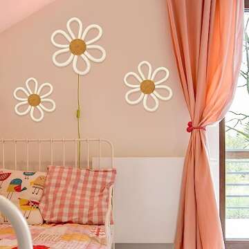 Barydat 6 Pcs Boho Nursery Decor Daisy Flower Woven Macrame Wall Hanging 3 Size Daisy Flower Wall Decor Bohemian Nursery Decorations for Home Kids Dorm Art(White)