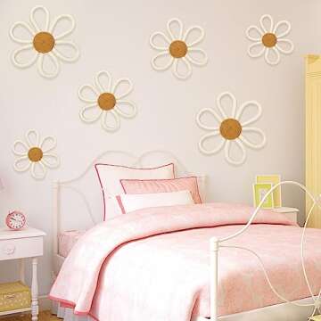 Barydat 6 Pcs Boho Nursery Decor Daisy Flower Woven Macrame Wall Hanging 3 Size Daisy Flower Wall Decor Bohemian Nursery Decorations for Home Kids Dorm Art(White)