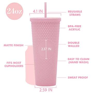 24oz DIY Studded Tumbler.Matte Light Pink Studded Tumbler with Lid and Straw.Reusable Double Walled Insulated Travel Tumbler.Plastic Acrylic Pastel Colored Tumbler Cup for Iced Coffee Smoothie.