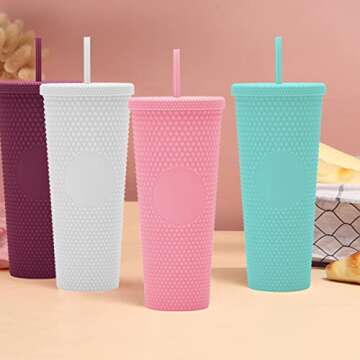 24oz DIY Studded Tumbler.Matte Light Pink Studded Tumbler with Lid and Straw.Reusable Double Walled Insulated Travel Tumbler.Plastic Acrylic Pastel Colored Tumbler Cup for Iced Coffee Smoothie.