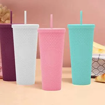 24oz DIY Studded Tumbler.Matte Light Pink Studded Tumbler with Lid and Straw.Reusable Double Walled Insulated Travel Tumbler.Plastic Acrylic Pastel Colored Tumbler Cup for Iced Coffee Smoothie.