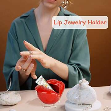 Trycooling Ceramic Red Lips Lipstick Ring Holder Jewelry Tray Rack Decorative Cosmetic Storage Displ...