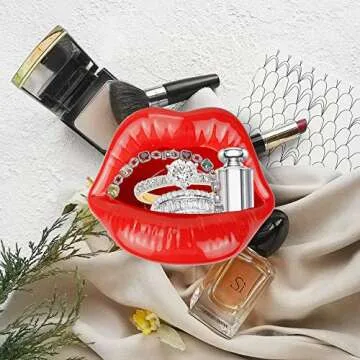 Trycooling Ceramic Red Lips Lipstick Ring Holder Jewelry Tray Rack Decorative Cosmetic Storage Display Holder Desktop Hairpin Storage Organizer Birthday Choice (Light Red)