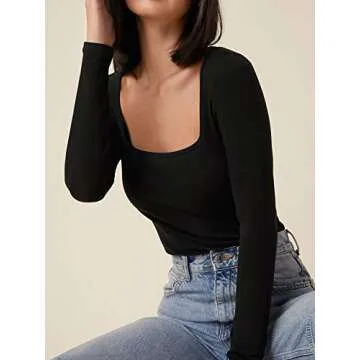 Verdusa Women's Basic Square Neck Long Sleeve Solid Slim Fitted T-Shirt Top Black L