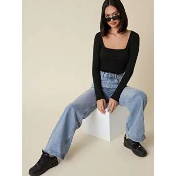 Verdusa Women's Basic Square Neck Long Sleeve Solid Slim Fitted T-Shirt Top Black L