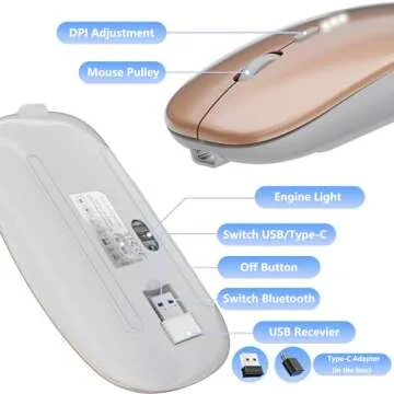 ShuGuoTu Wireless Mouse, 2.4G Slim Mute Silent Click Noiseless Optical Mouse with USB Receiver and Type C Adapter Compatible with Notebook, PC, Laptop, Computer, MacBook (Gold)