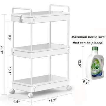 SOLEJAZZ Rolling Storage Cart, 3 Tier Utility Cart Mobile Slide Out Organizer, Bathroom Standing Rack Shelving Unit Organizer for Kitchen, Bathroom, Laundry Room, White