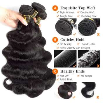 QTHAIR 16A Brazilian Virgin Hair Body Wave Human Hair(18" 20" 20",300g, Natural Black) 100% Unprocessed Body Wave Brazilian Virgin Hair Weave Natural Color Brazilian Body Wavy Hair Bundles