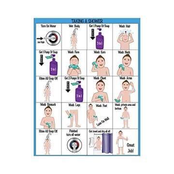 All New! ABA/OT Approved Step-by-Step 9X12" Set of 5 Visual Schedules. Potty Training, Bathing, Shower, Teeth Brushing, Hand Washing.for Autism/Special Needs. Independent Living & Personal Hygiene