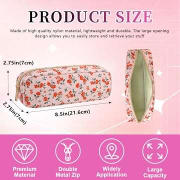 Nylon Small Makeup Bag Slim Pouch, Cute Floral Preppy Makeup Brush Bag Portable Make up Pouch with Z...