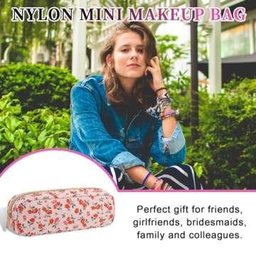 Nylon Small Makeup Bag - Slim Floral Pouch for Women