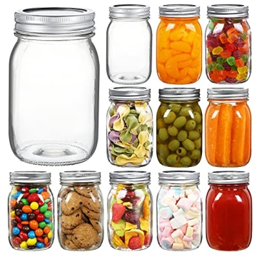 YEBODA 16 oz Wide Mouth Mason Jars - 12 Pack Glass Canning Jars with Airtight Lids and Bands for Pre...