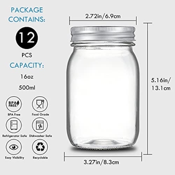 YEBODA 16 oz Wide Mouth Mason Jars - Perfect for Canning