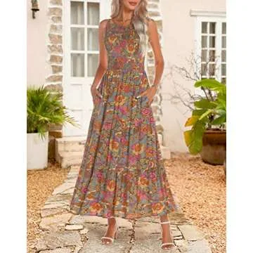 Zattcas Womens 2024 Spring Summer Casual Sundress Boho Beach Floral Smocked Tiered Midi Dress Flowy Modest Church Maternity Wedding Guest Sleeveless Tank Long Maxi Sun Dresses With Pockets Greygreen L