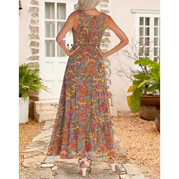 Zattcas Womens 2024 Spring Summer Casual Sundress Boho Beach Floral Smocked Tiered Midi Dress Flowy Modest Church Maternity Wedding Guest Sleeveless Tank Long Maxi Sun Dresses With Pockets Greygreen L
