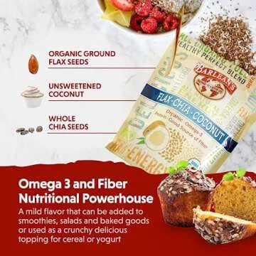 Barlean's Organic Flax Chia Coconut Seed Blend with 2,330 mg Omega 3 Fatty Acids, Fiber Supplement with Whole Chia Seeds and Ground Flaxseed, 12 oz
