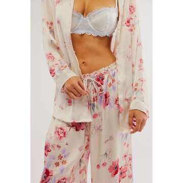 Women Soft Satin Pajamas Set Floral Pink Loungewear