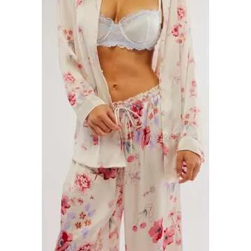 Women Soft Satin Pajamas Set Floral Pink Loungewear