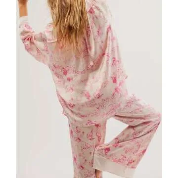 Women Soft Satin Pajamas Set Floral Pink Loungewear