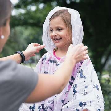Disposable Rain Ponchos Family Pack (8 pack) - Waterproof Rain Poncho with Hood for Adults and Kids - Travel Rain Poncho Pack for Emergency Storms - Kids Ponchos with Fun Designs