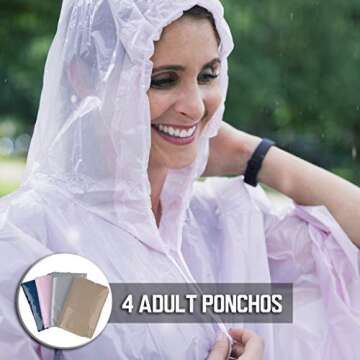 Disposable Rain Ponchos Family Pack (8 pack) - Waterproof Rain Poncho with Hood for Adults and Kids - Travel Rain Poncho Pack for Emergency Storms - Kids Ponchos with Fun Designs
