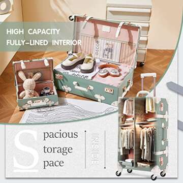 Unitravel 2 Piece Vintage Luggage Set, 20" Women Carry On Suitcase Set with TSA Lock, Faux Leather Spinner Trunk with 12" Train Case (Matcha Green)