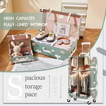 Unitravel 2 Piece Vintage Luggage Set, 20" Women Carry On Suitcase Set with TSA Lock, Faux Leather Spinner Trunk with 12" Train Case (Matcha Green)